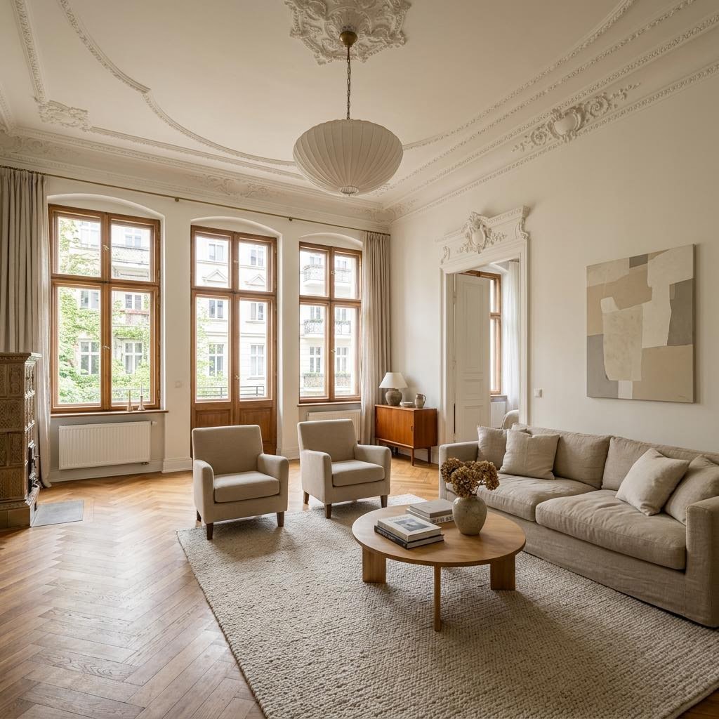 Altbauwohnzimmer mit hohen Decken und Fischgrätparkett